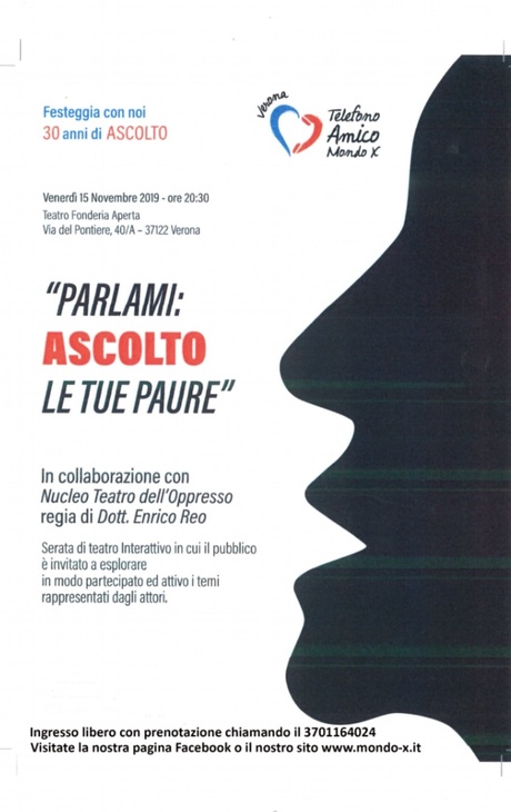 Telefono Amico Mondo X Verona “PARLAMI: ASCOLTO LE TUE PAURE”. - Venerdì 15 novembre 2019 ore 20.30