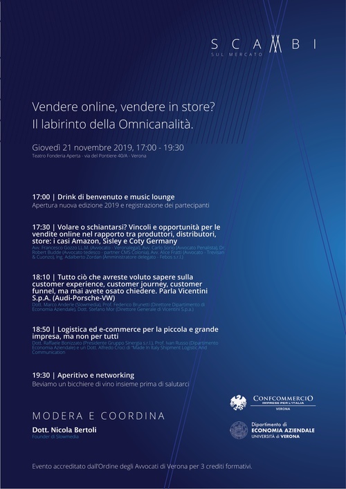 SCAMBI SUL MERCATO  - Fonderia Aperta Teatro<br />
Via del Pontiere, 40/A <br />
37122 Verona<br />
giovedì 21 novembre 2019<br />
ore 17:00 – 19:30 